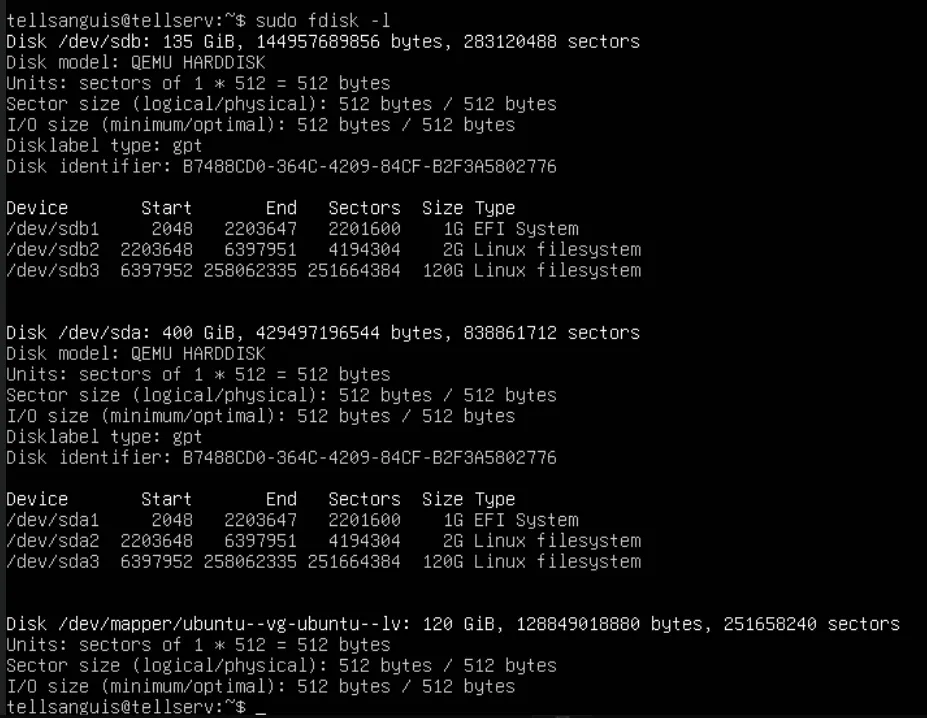 Résultat final : nouveau disque de 135 GiB actif
