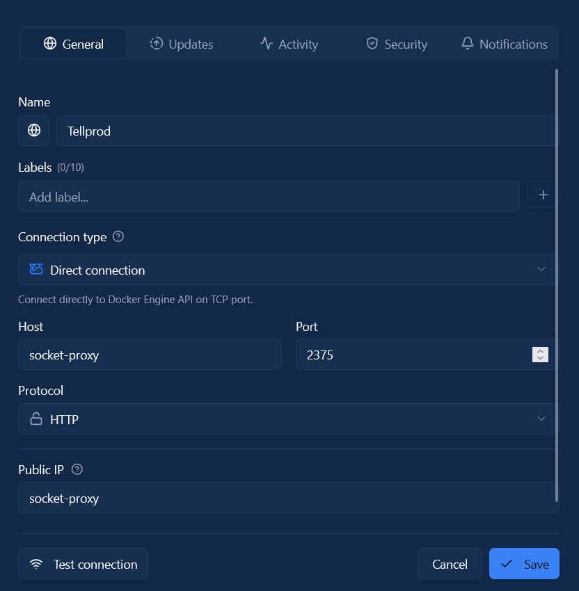 Adding an environment with direct connection